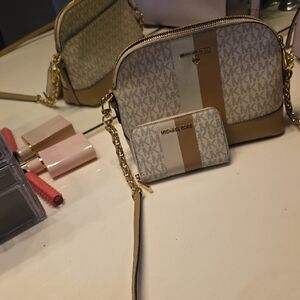 Michael Kors Beige, Cream and Tan Logo Crossbody with Matching Card Case